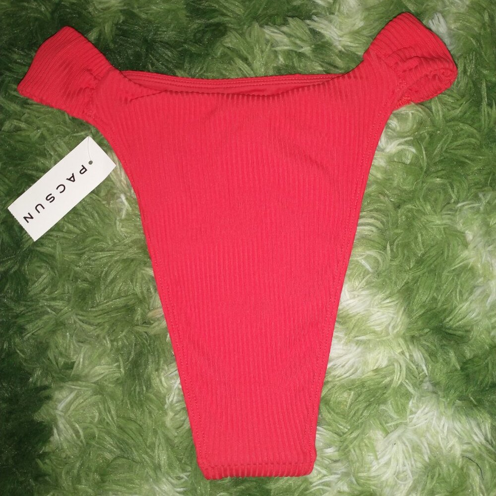 Ribbed High-Cut Bikini Bottom, Red